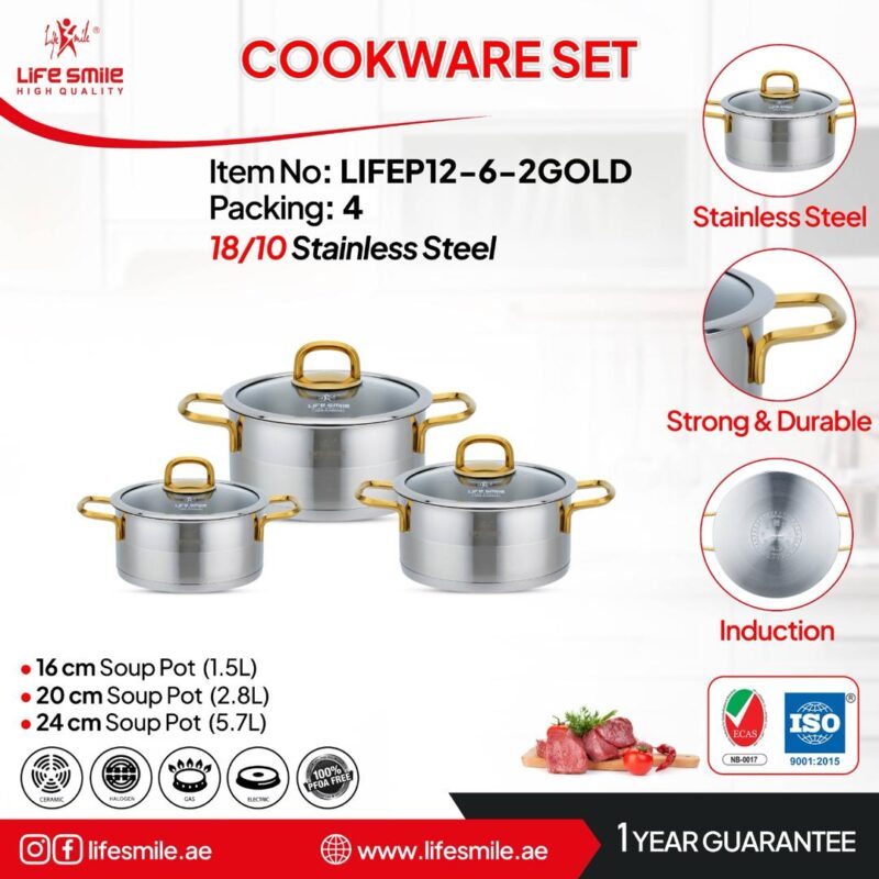 ست ۶ پارچ استیل دسته طلایی لایف مدل : Lifep12-6-2Gold