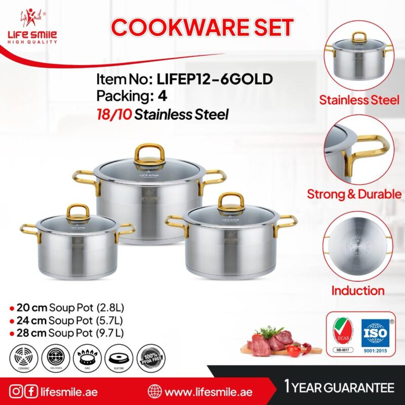 ست ۶ پارچ استیل دسته طلایی مدل : lifep12-6Gold